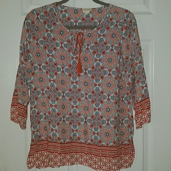 Lucy & Laurel Orange blue print top Sz M - Picture 1 of 4